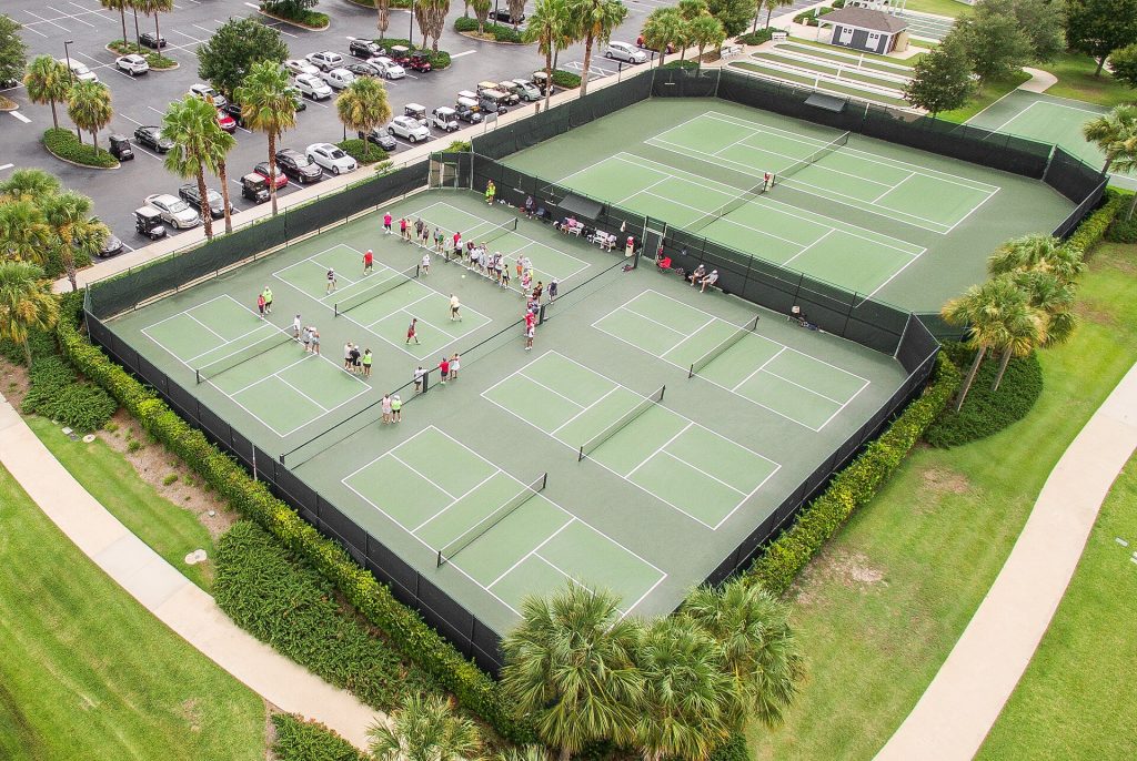 Aerial view of a complex of pickleball courts